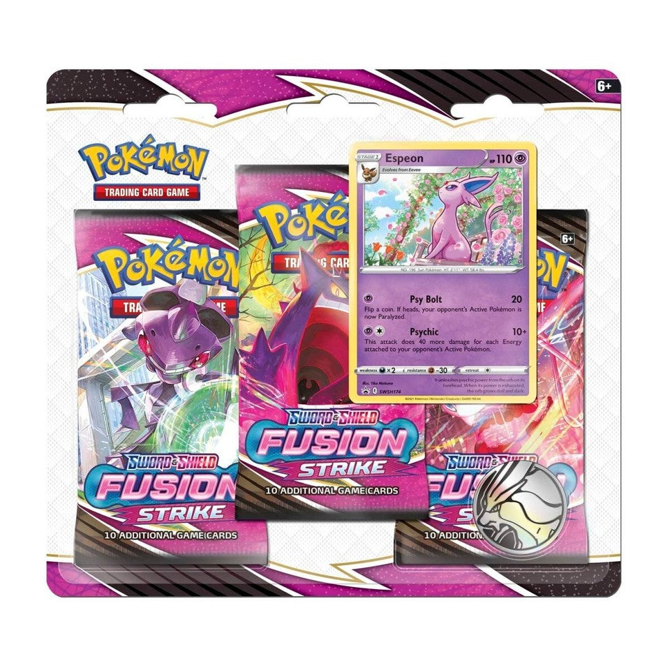 Pokémon Sword & Shield Fusion Strike 3-Pack Blister featuring Espeon promo card