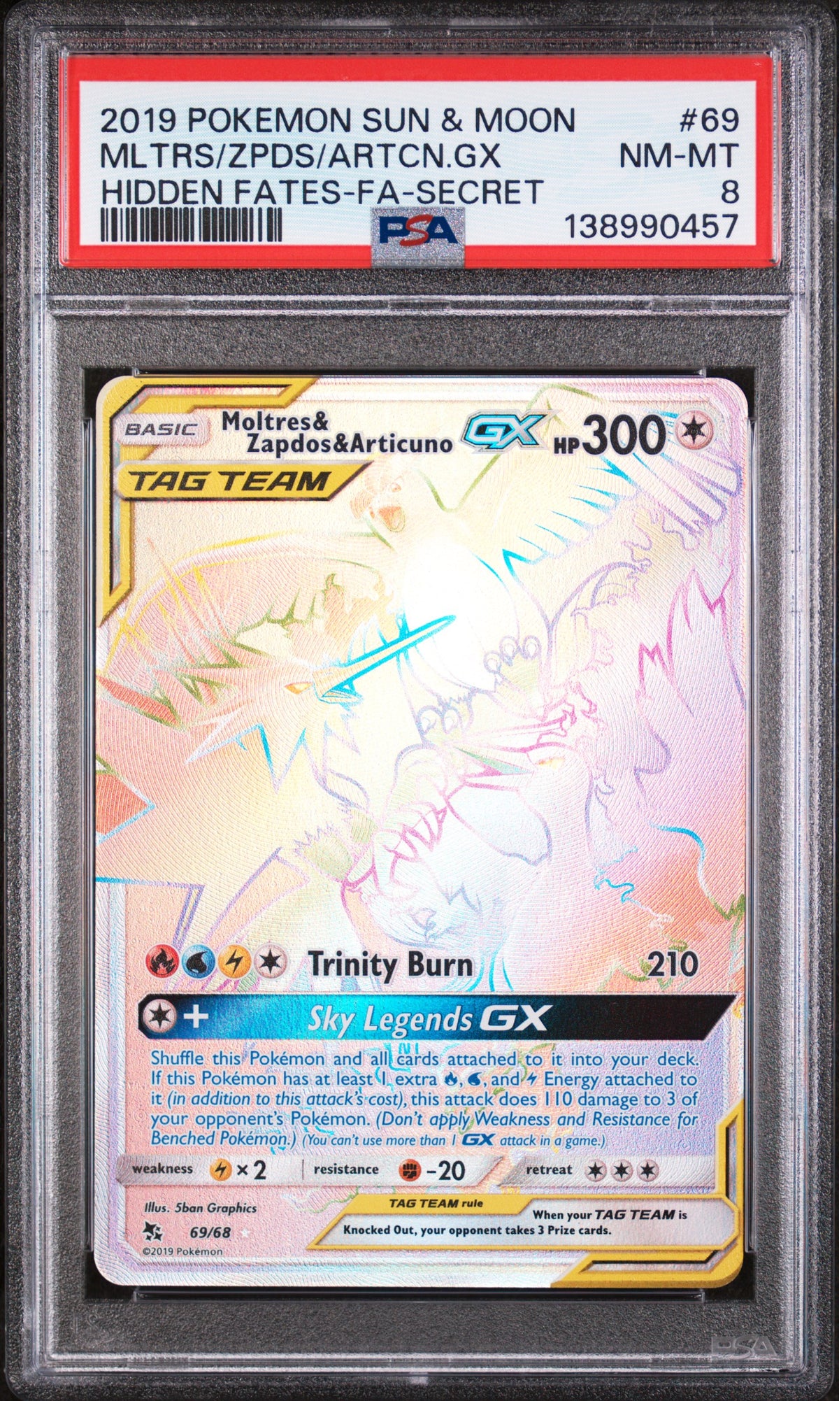 2019 Pokemon Sun & Moon Hidden Fates #69 Mltrs/Zpds/Artcn.Gx -Fa-Secret PSA 8