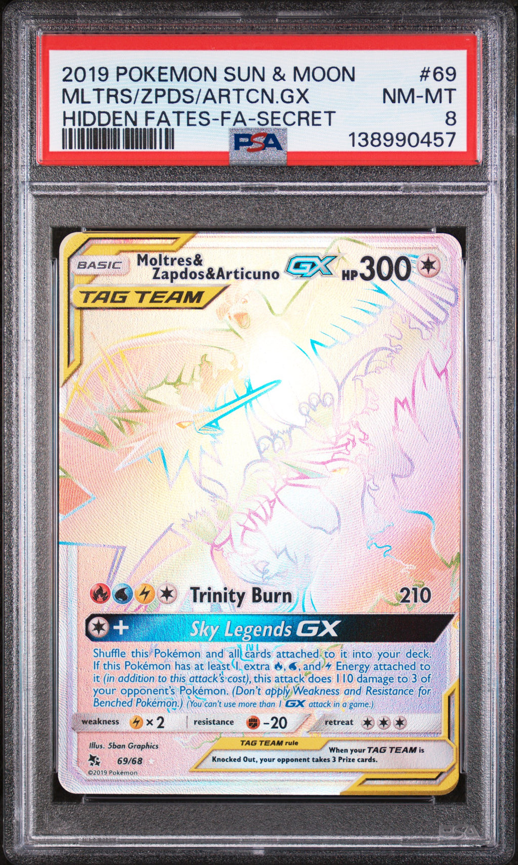 2019 Pokemon Sun & Moon Hidden Fates #69 Mltrs/Zpds/Artcn.Gx -Fa-Secret PSA 8