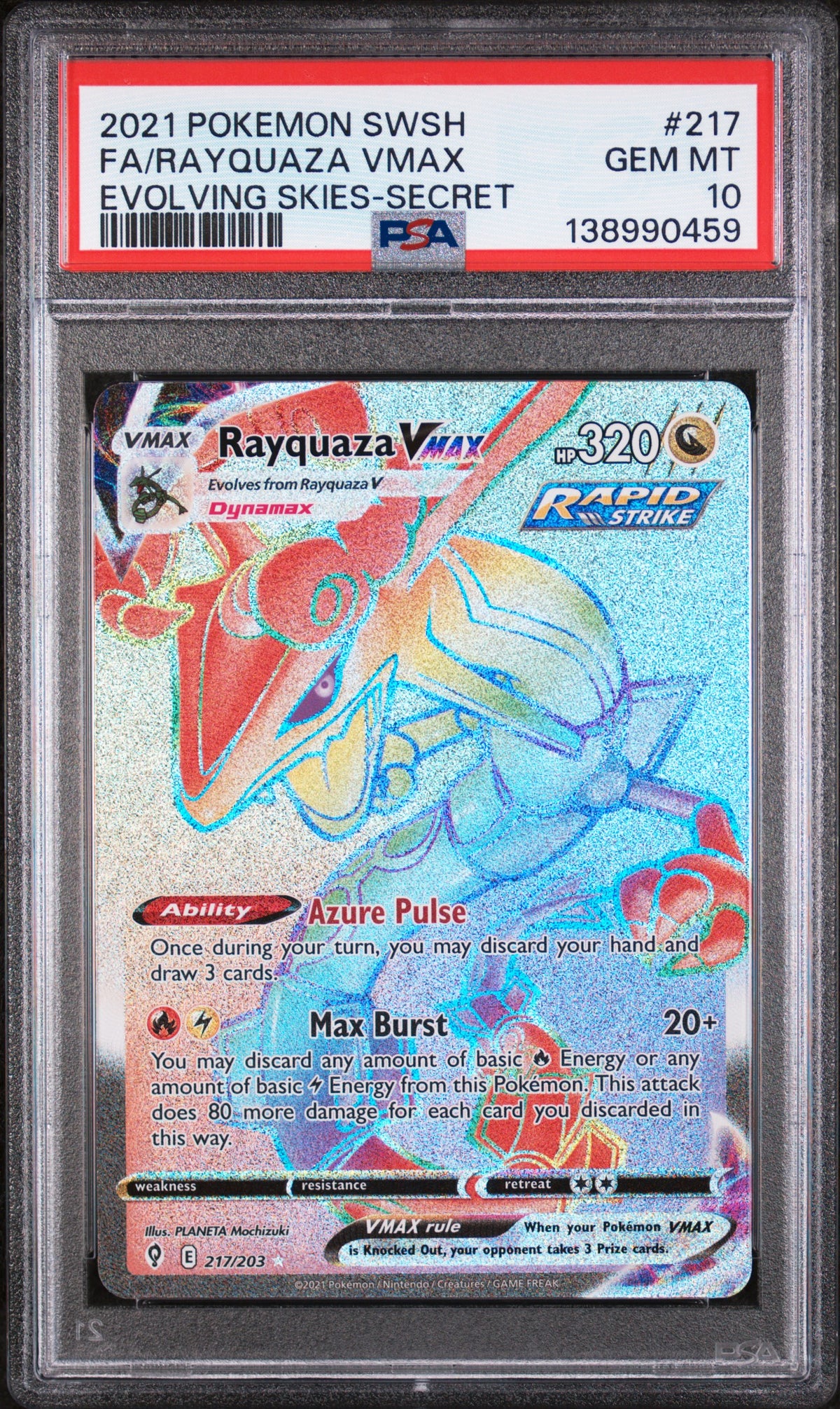 2021 Pokemon Sword & Shield Evolving Skies #217 Fa/Rayquaza Vmax -Secret PSA 10