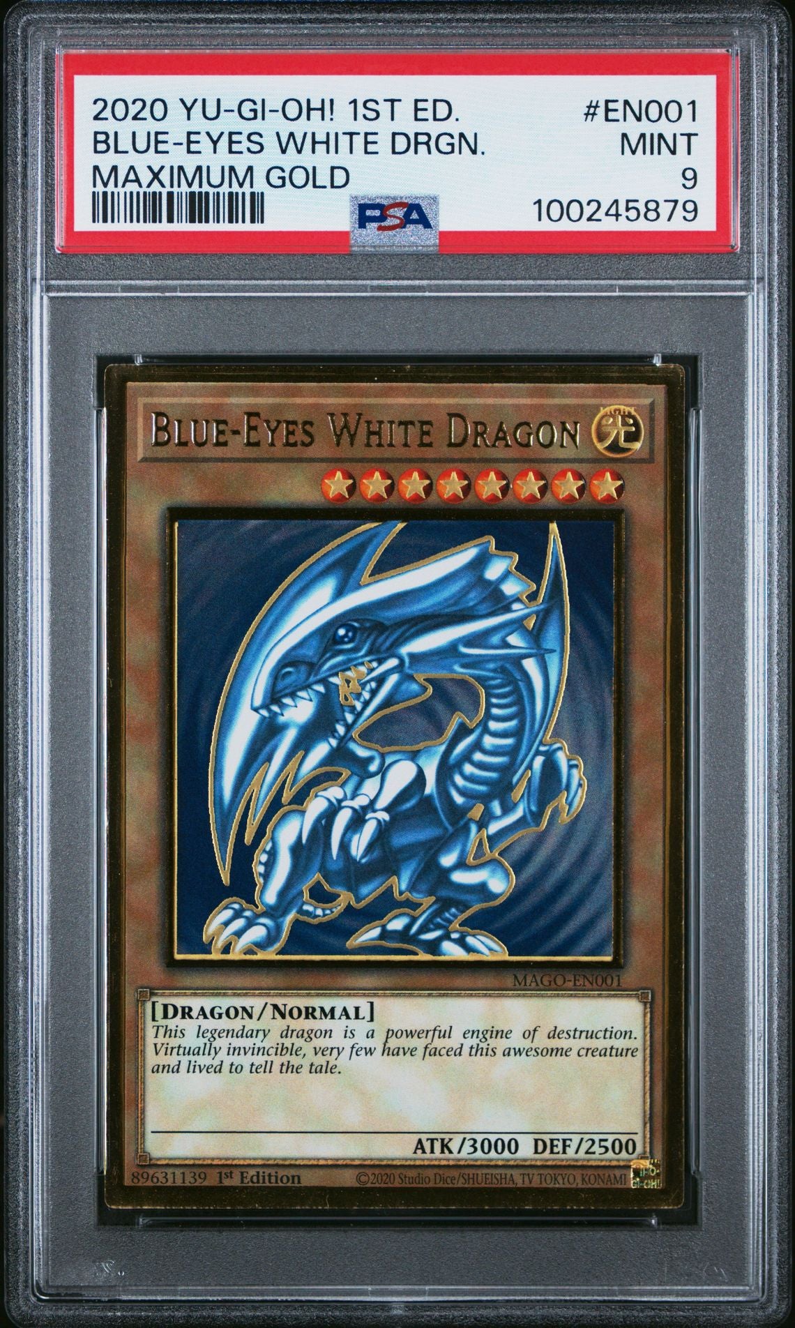 Front of Blue-Eyes White Dragon Maximum Gold 1st Edition PSA 9 Mint slab, certification 100245879
